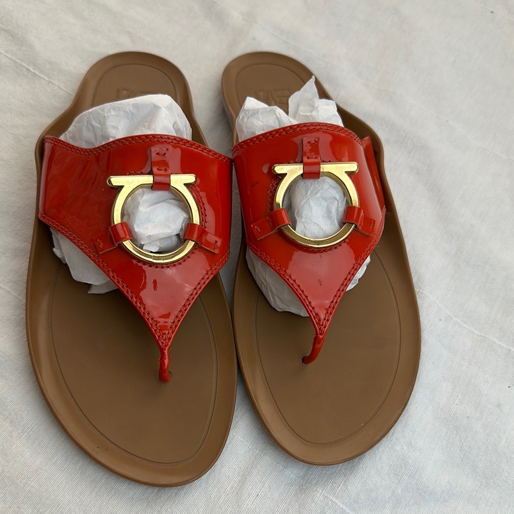 Salvatore Ferragamo Red and Gold Sandals with Pearl Accent